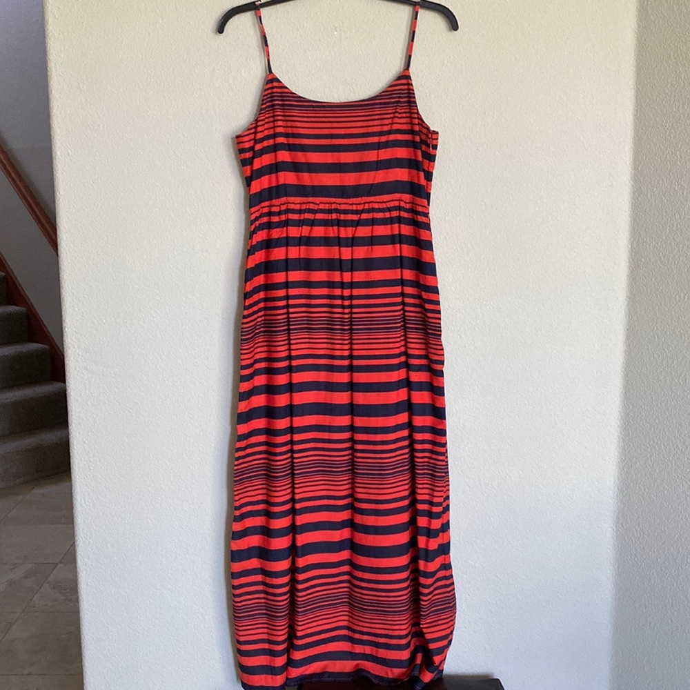 Red with navy maxi dress. Side zip. With pockets